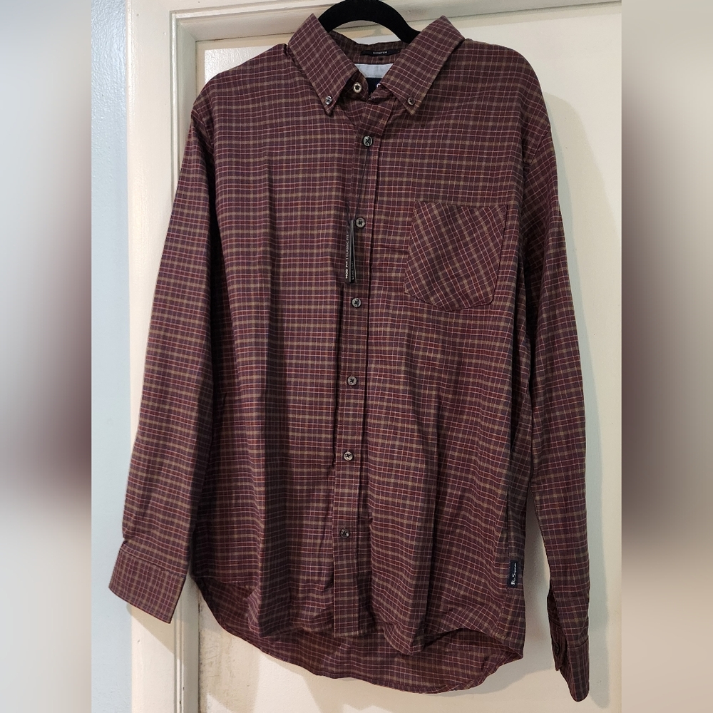 Men's Ben Sherman Navy Blazer Plaid Long Sleeve Button Down Shirt, Size L - Picture 1 of 15